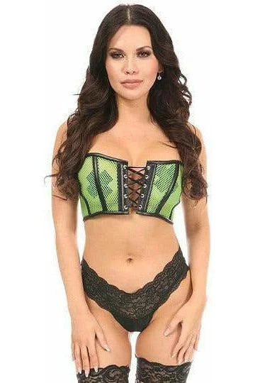 Lavish Neon Green Fishnet & Faux Leather Lace-Up Short Bustier Top