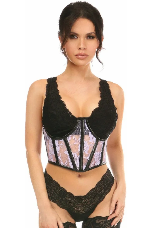 Lavish Sheer Lavender Lace & Faux Leather Open Cup Waist Cincher