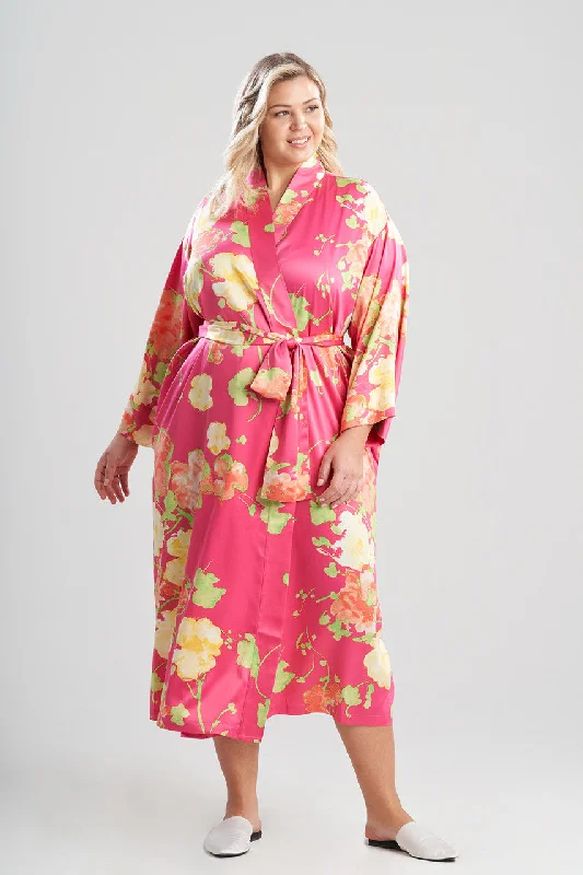 Bouquet-Printed Matte Satin Robe