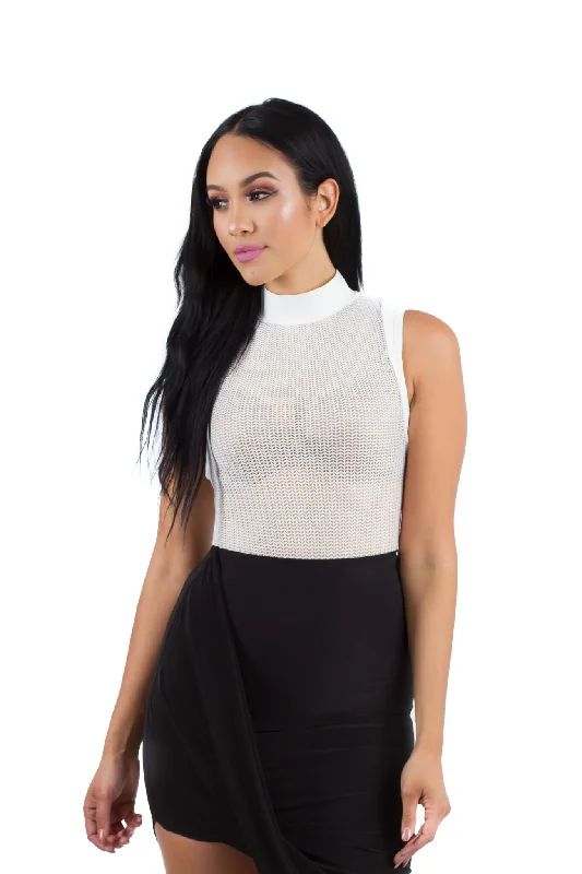 Printed Bodysuits with Floral Patterns for a Feminine VibeTHE MYSTYLEMODE WHITE NETTED MOCK NECK SLEEVELESS BODYSUIT Printed Bodysuits with Floral Patterns for a Feminine VibeTHE MYSTYLEMODE WHITE NETTED MOCK NECK SLEEVELESS BODYSUIT