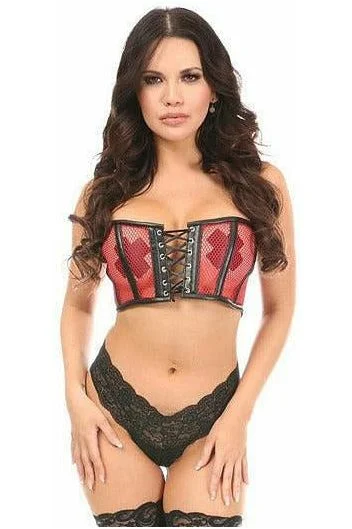 Lavish Red Fishnet & Faux Leather Lace-Up Short Bustier Top