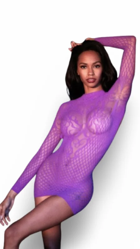 women sexy dresses for poolside partiesLong Sleeve Bodystocking Dress Purple