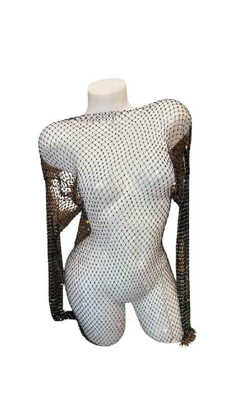 women sexy dresses with fishnet panelsChain Rhinestone Dress