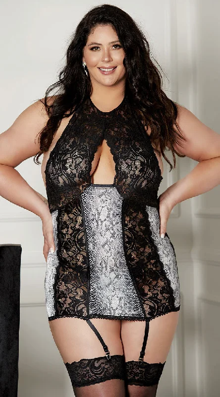 short - sleeve women lounge dress for warm weatherPlus Size Snake & Lace Garter Chemise short - sleeve women lounge dress for warm weatherPlus Size Snake & Lace Garter Chemise