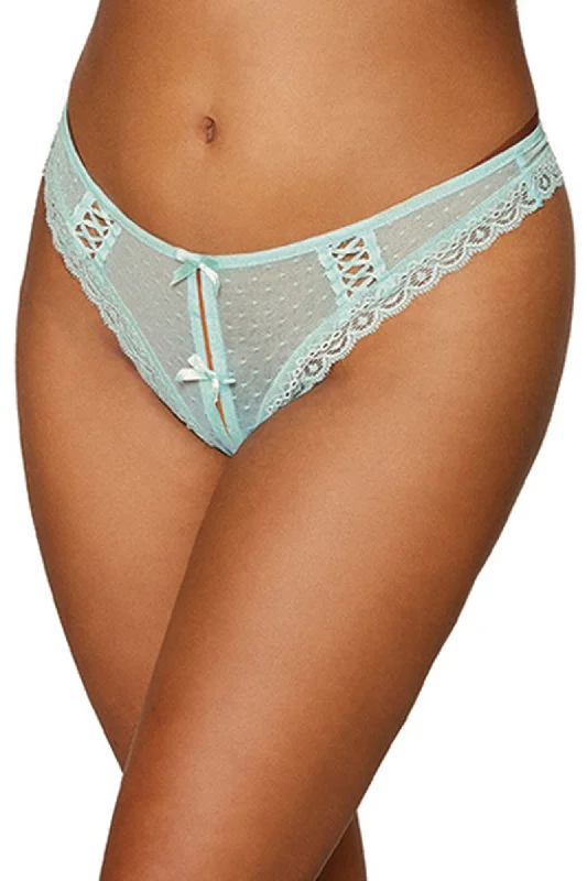 Dot Mesh Open Crotch Thong - Large - Mint