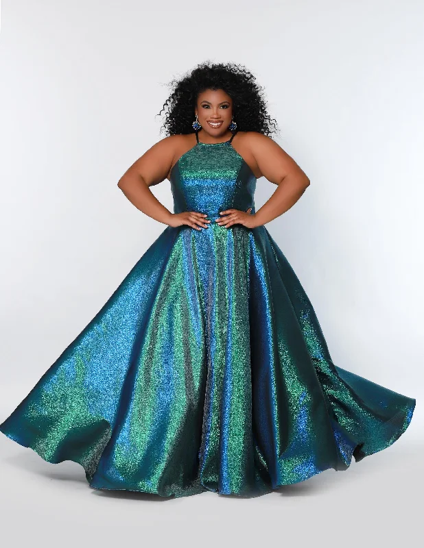 women sexy dresses made of stretchy fabricSydneys Closet SC7334 Plus Size Halter Prom Long Ball Gown
