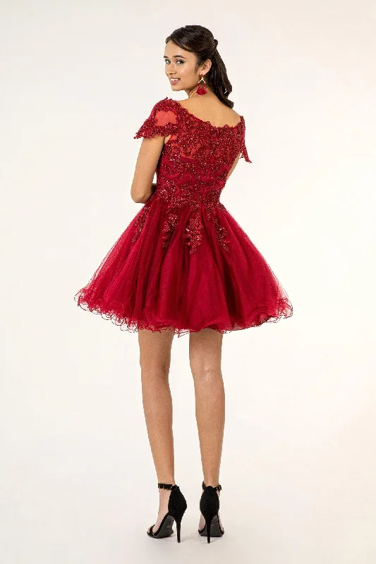 Homecoming Short Cap Sleeve Embroidered Prom Dress