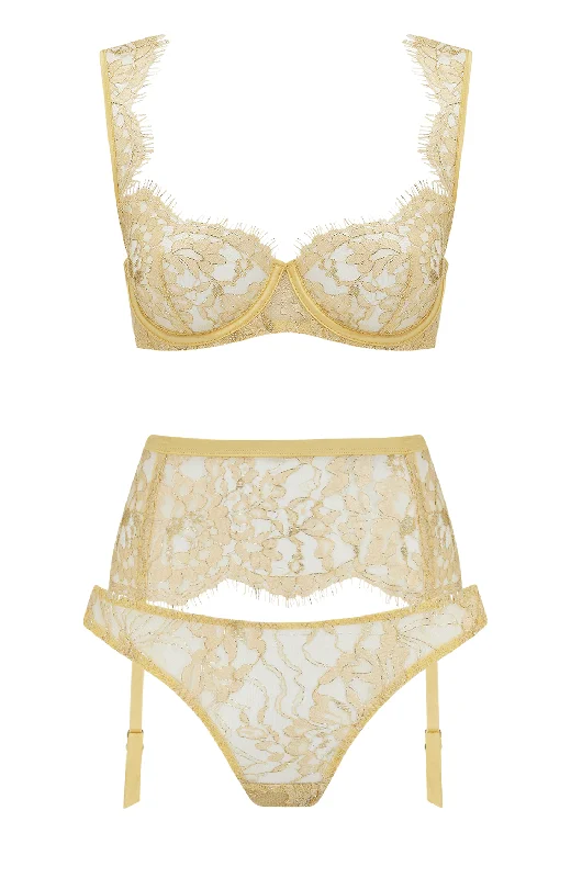 Comfortable Cotton Lingerie for Women Fiorella Balcony Bra, Suspender and Brazilian Knicker Set