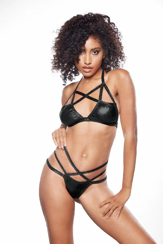 Kitten Criss Cross Bralette and Thong Set - One   Size - Black