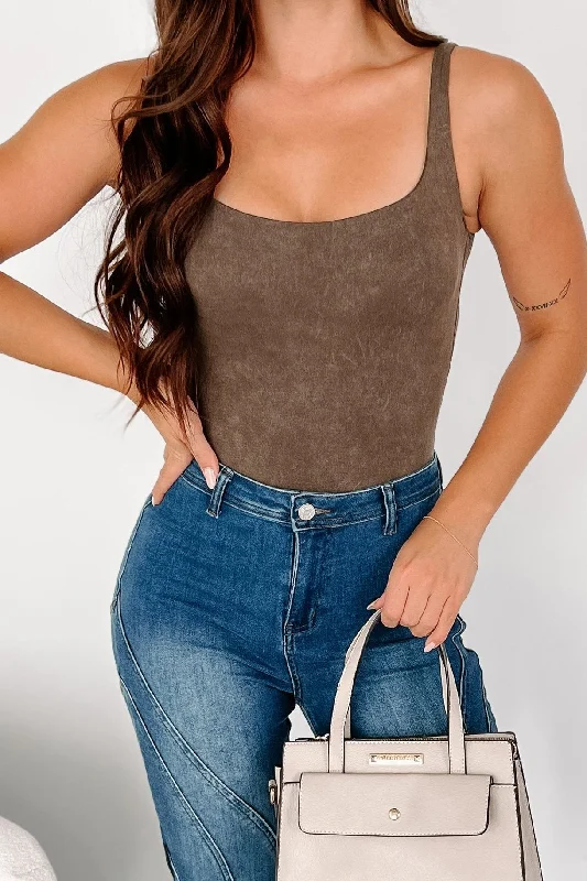 Casual Tendencies Washed Tank Bodysuit (Brown)