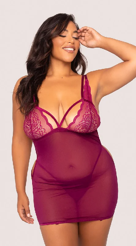 Plus Size Wine Lattice Chemise Set