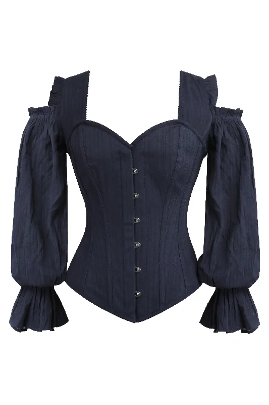 vintage women bustiers and corsets replicasLong Sleeve Midnight Blue Corset with Cold Shoulder vintage women bustiers and corsets replicasLong Sleeve Midnight Blue Corset with Cold Shoulder