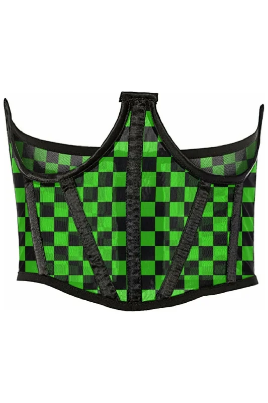 Lavish Neon Green/Black Checker Print Mesh Open Cup Waist Cincher