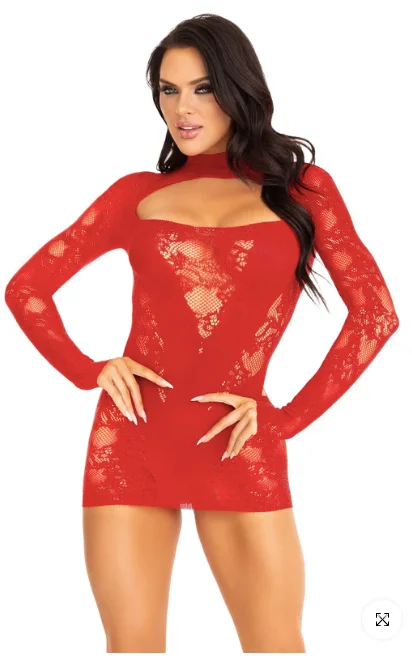 women sexy dresses made of stretchy fabricLace Mini Dress with Gloved Sleeve Red