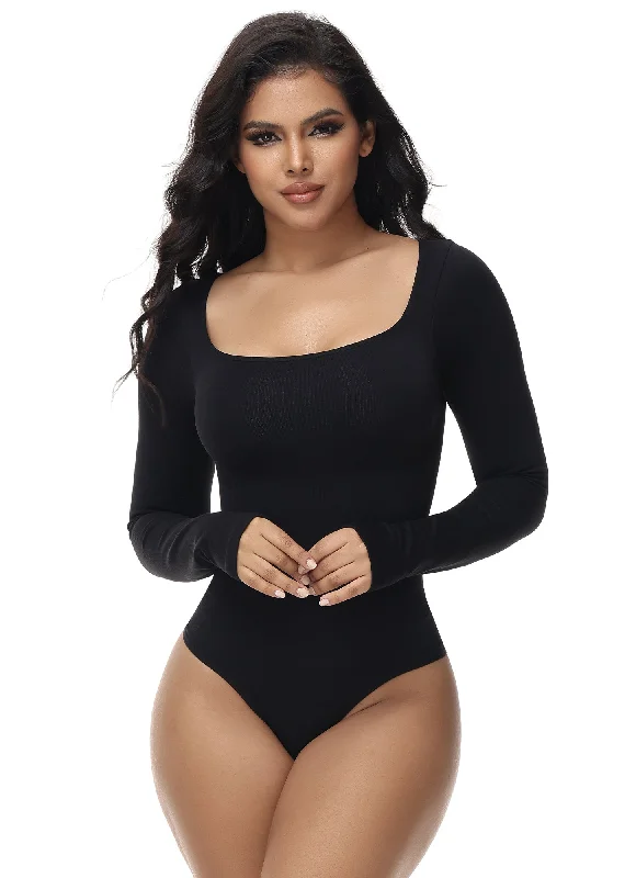 Seamless Bodysuit for Women -  Mock Neck Long Sleeve Thong Bodysuit