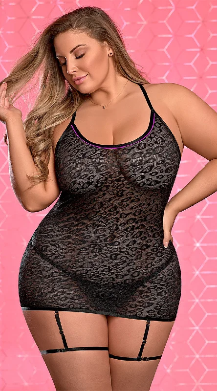 women lounge dress with a loose fit for maximum comfortPlus Size Cat Crazed Leg Garter Chemise Set women lounge dress with a loose fit for maximum comfortPlus Size Cat Crazed Leg Garter Chemise Set