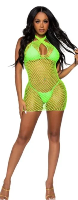 women sexy dresses with lace - trimmed hemlinesDiamond Net Twist Halter Mini Dress Green