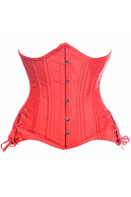 strapless women bustiers and corsets styleTop Drawer Red Satin Double Steel Boned Curvy Cut Waist Cincher Corset w/Lace-Up Sides