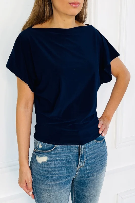 Cut - Out Bodysuits for a Trendy and Fashion - Forward StyleFINLEY NAVY BATWING TOP WITH SLASHED NECKLINE Cut - Out Bodysuits for a Trendy and Fashion - Forward StyleFINLEY NAVY BATWING TOP WITH SLASHED NECKLINE