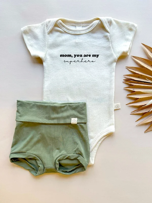 Mom Superhero | Bamboo Fold Over Bloomers and Organic Cotton Bodysuit Set | Eucalyptus