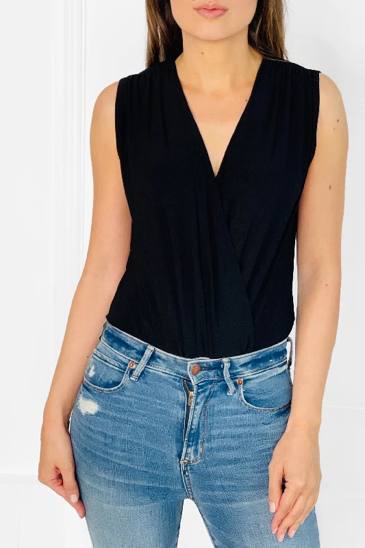 Printed Bodysuits with Floral Patterns for a Feminine VibeJADE BLACK SLEEVELESS WRAP STYLE BODYSUIT TOP Printed Bodysuits with Floral Patterns for a Feminine VibeJADE BLACK SLEEVELESS WRAP STYLE BODYSUIT TOP