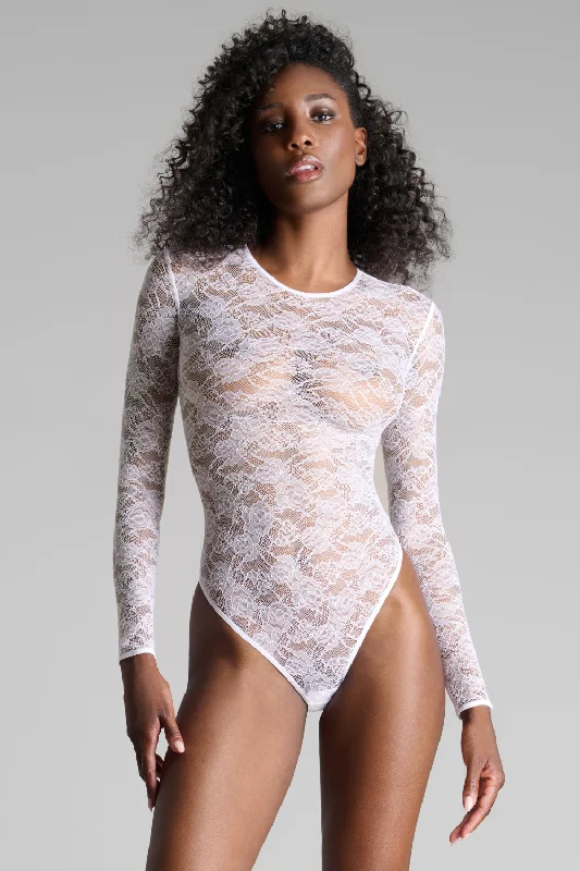 Flashback Lace Long Sleeve Thong Body White