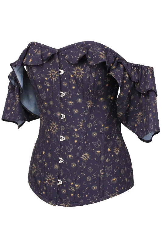 Mystic Galaxy Indigo And Gold Corset Top With Frilled Sleeve