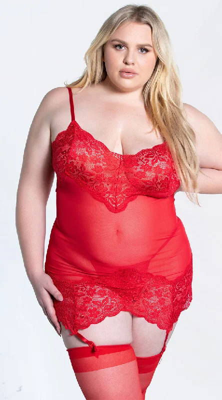 Elegant French Lace Lingerie for Women Plus Size Revive Me Ruby Garterslip Set