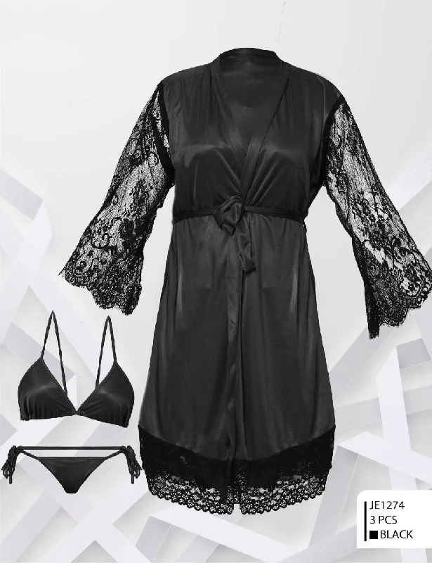 Luxury Lingerie for Special Occasions Two Hearts 3 Pcs Silk Nighty Set - JE-1274