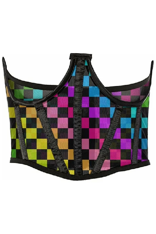 Lavish Rainbow Checkers Print Mesh Open Cup Waist Cincher