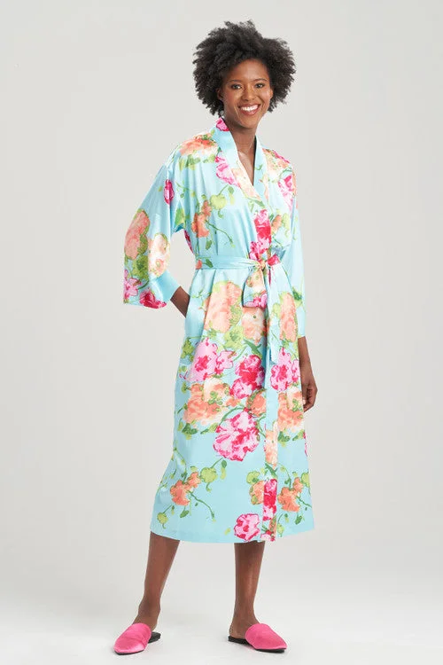 Bouquet-Printed Matte Satin Robe