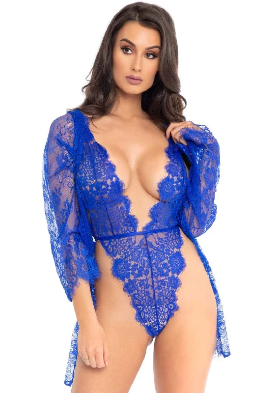 women robes with a contrast - colored belt3pc Lace Teddy and Robe Set - Royal Blue - Large women robes with a contrast - colored belt3pc Lace Teddy and Robe Set - Royal Blue - Large
