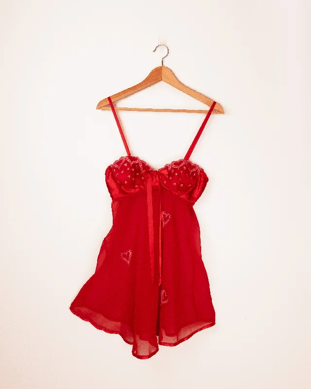 Women's Everyday Wear Lingerie Heart Print Sheer Nightgown Red
