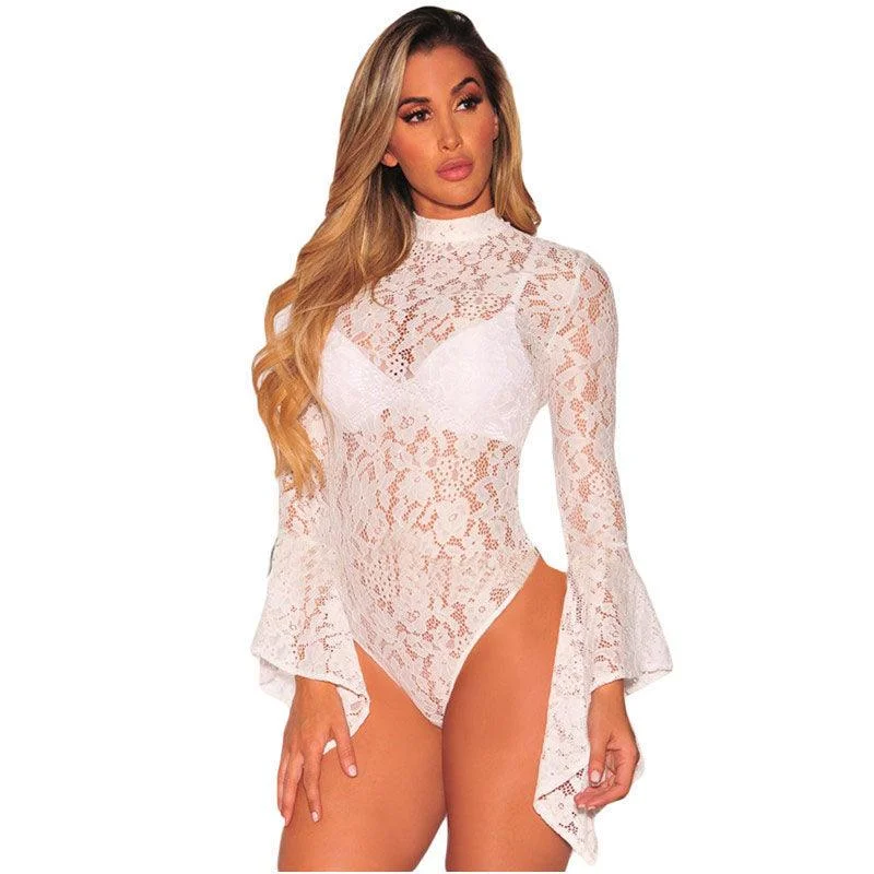 Seamless Bodysuits for a Smooth Underwear LookFLORAL LACE FLARE SLEEVE BODYSUIT