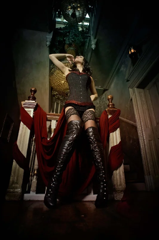 Edwardian inspired women bustiers and corsetsBlack Cord Corset With Red Brocade & Black Boots Edwardian inspired women bustiers and corsetsBlack Cord Corset With Red Brocade & Black Boots