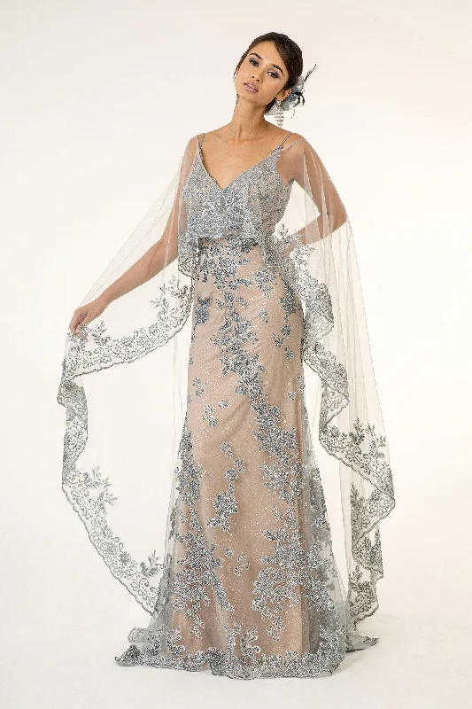 Prom Long Formal  Glitter Cape Dress