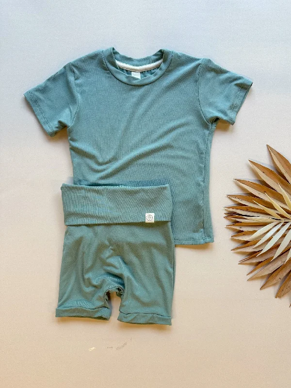 Fold Over Shorties and Short Sleeve Tee Set | Seafoam | Luxury Bamboo