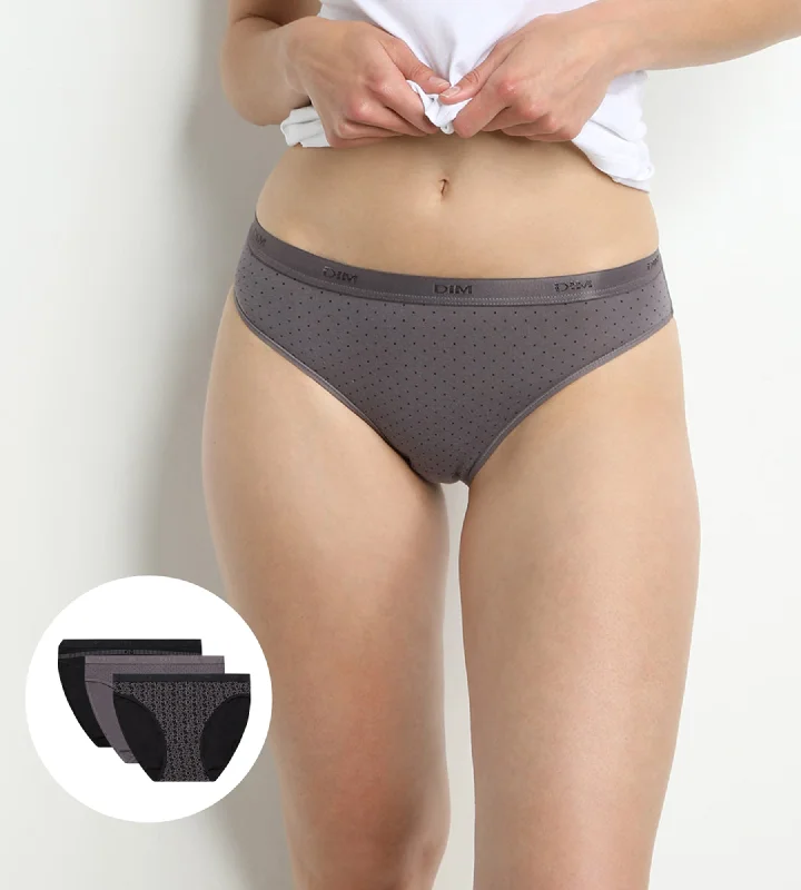 Women's Silk Lingerie Sets Lot de 3 slips noirs et gris imprimés Femme Les Pockets Coton