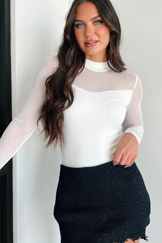 Maternity Bodysuits for Expecting Mothers' ComfortCaught Your Eye Mock Neck Mesh Contrast Bodysuit (Ivory) Maternity Bodysuits for Expecting Mothers' ComfortCaught Your Eye Mock Neck Mesh Contrast Bodysuit (Ivory)