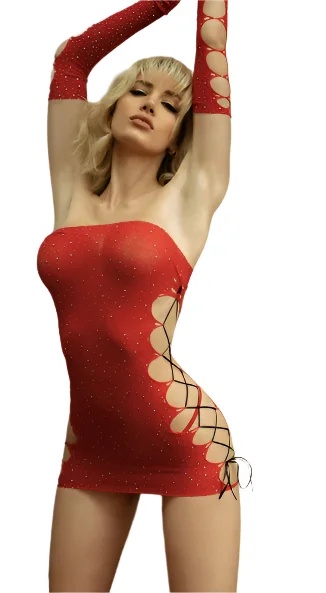 women sexy dresses for belly dance festivalsStarry Rhinestone Dress and Gloves Red