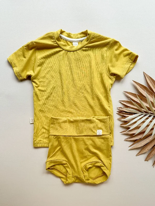 Fold Over Bloomers and Short Sleeve Tee Set | Marigold | Luxury Bamboo