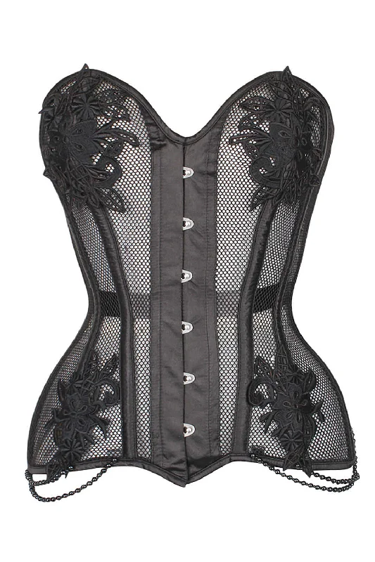 Edwardian inspired women bustiers and corsetsBlack Mesh and Lace Appliqué Waist Taming Overbust Corset Edwardian inspired women bustiers and corsetsBlack Mesh and Lace Appliqué Waist Taming Overbust Corset