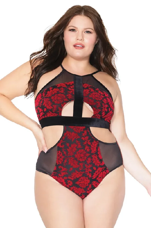 mesh women lingerie for a breathable and alluring stylePlus Cut-Out Red Halter Teddy
