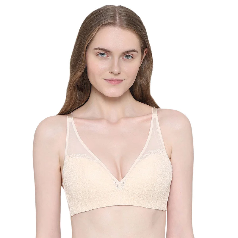 Bra with a push - up memory foam cup for enhanced cleavage Emma Lace Padded Non-wired 3/4th Cup Bridal Wear Medium coverage Lace Bra - Beige Bra with a push - up memory foam cup for enhanced cleavage Emma Lace Padded Non-wired 3/4th Cup Bridal Wear Medium coverage Lace Bra - Beige