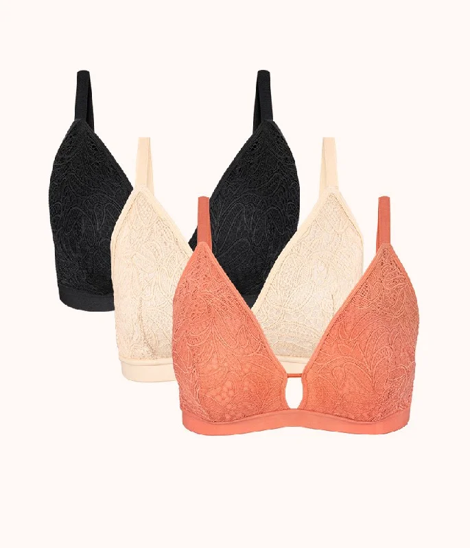 Bra with a plus - size adjustable strap for added comfort​ The Palm Lace Busty Bra Trio: Terracotta/Jet Black/Toasted Almond