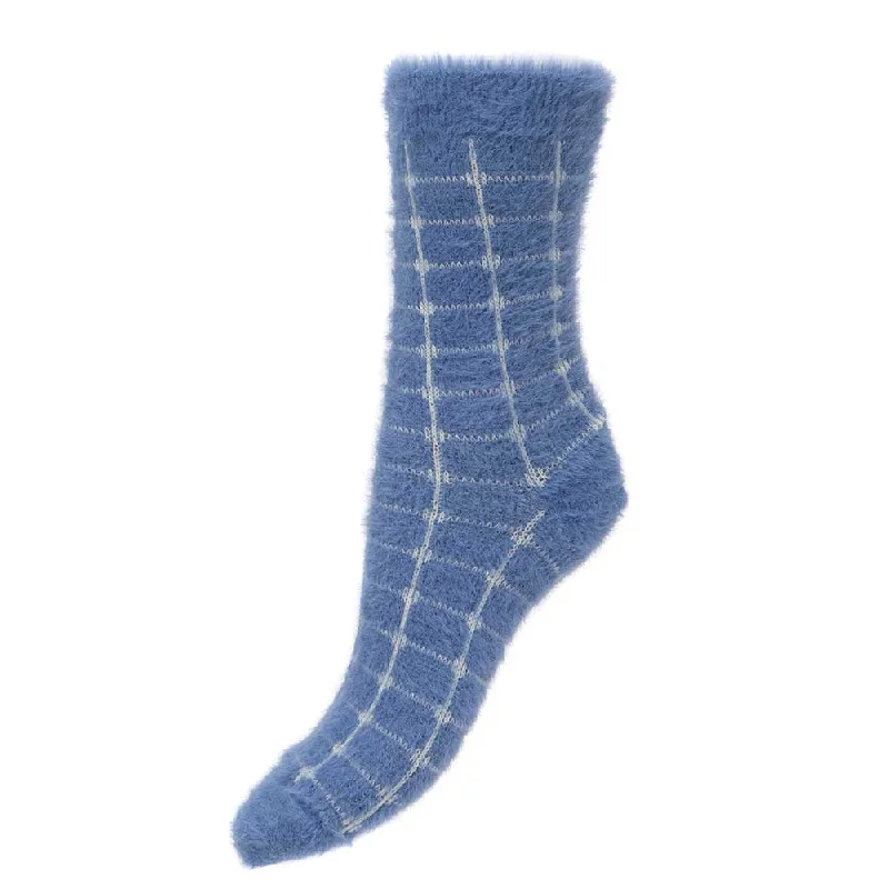 Women's nylon - reinforced socks for durabilityBlue with cream grid wool blend socks Women's nylon - reinforced socks for durabilityBlue with cream grid wool blend socks