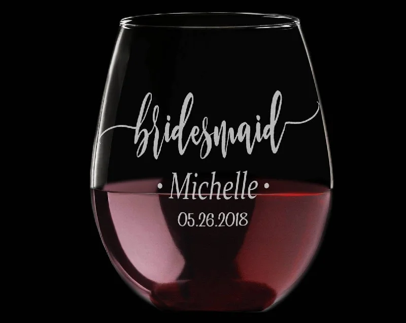 Bride and Bridesmaid ONE Personalized Stemless Wine Glass Will You Be My? Maid of Honor Proposal Gift Idea Engraved Wedding Party Favors