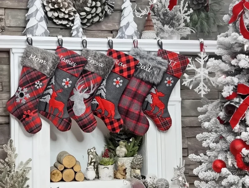 Buffalo Check Plaid Christmas Stockings - Red Black Grey with Faux Fur - Personalized