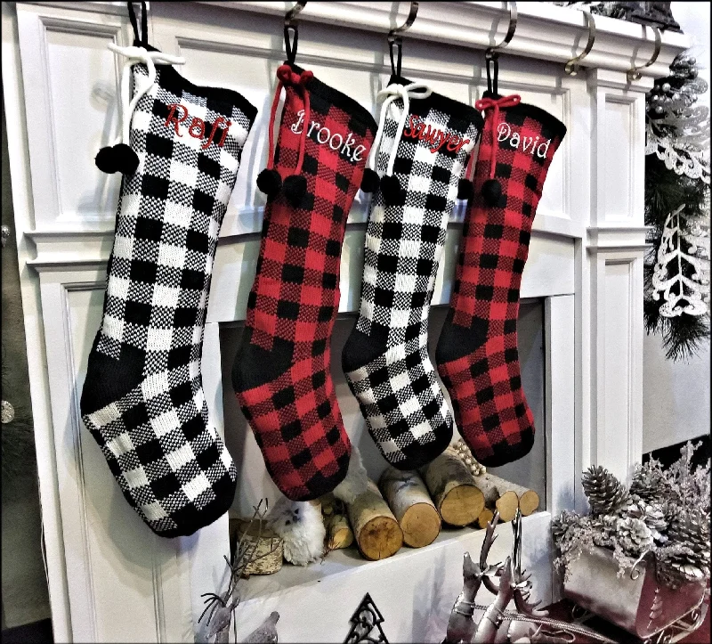 Classy Knit Buffalo Check Plaid Red Black White Farmhouse Adult Personalized Christmas Stockings Family Xmas Knit Decor