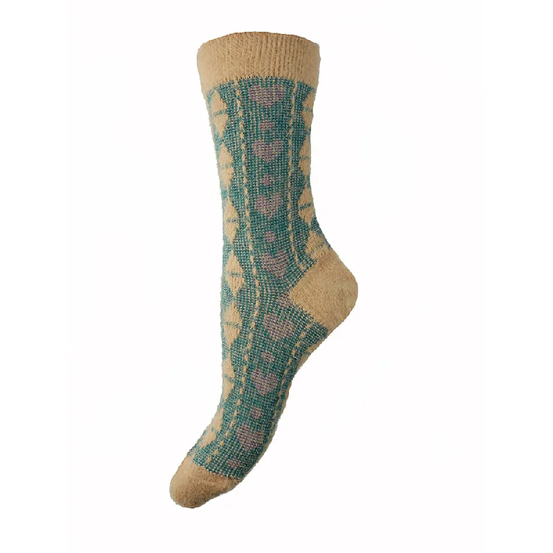 Women's no - show socks with a floral motifCream and Green heart patterned Wool Blend Socks Women's no - show socks with a floral motifCream and Green heart patterned Wool Blend Socks